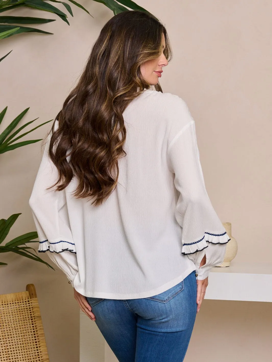 WOMEN'S LONG SLEEVE EMBROIDERY DETAILED BLOUSE TOP