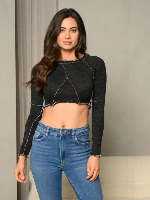 WOMEN'S LONG SLEEVE FRONT DETAILED CROP TOP