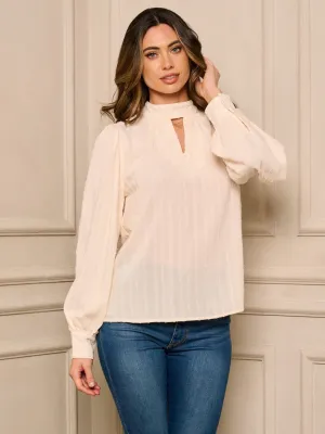 WOMEN'S LONG SLEEVE KEY HOLE SHIMMER DETAILED BLOUSE TOP