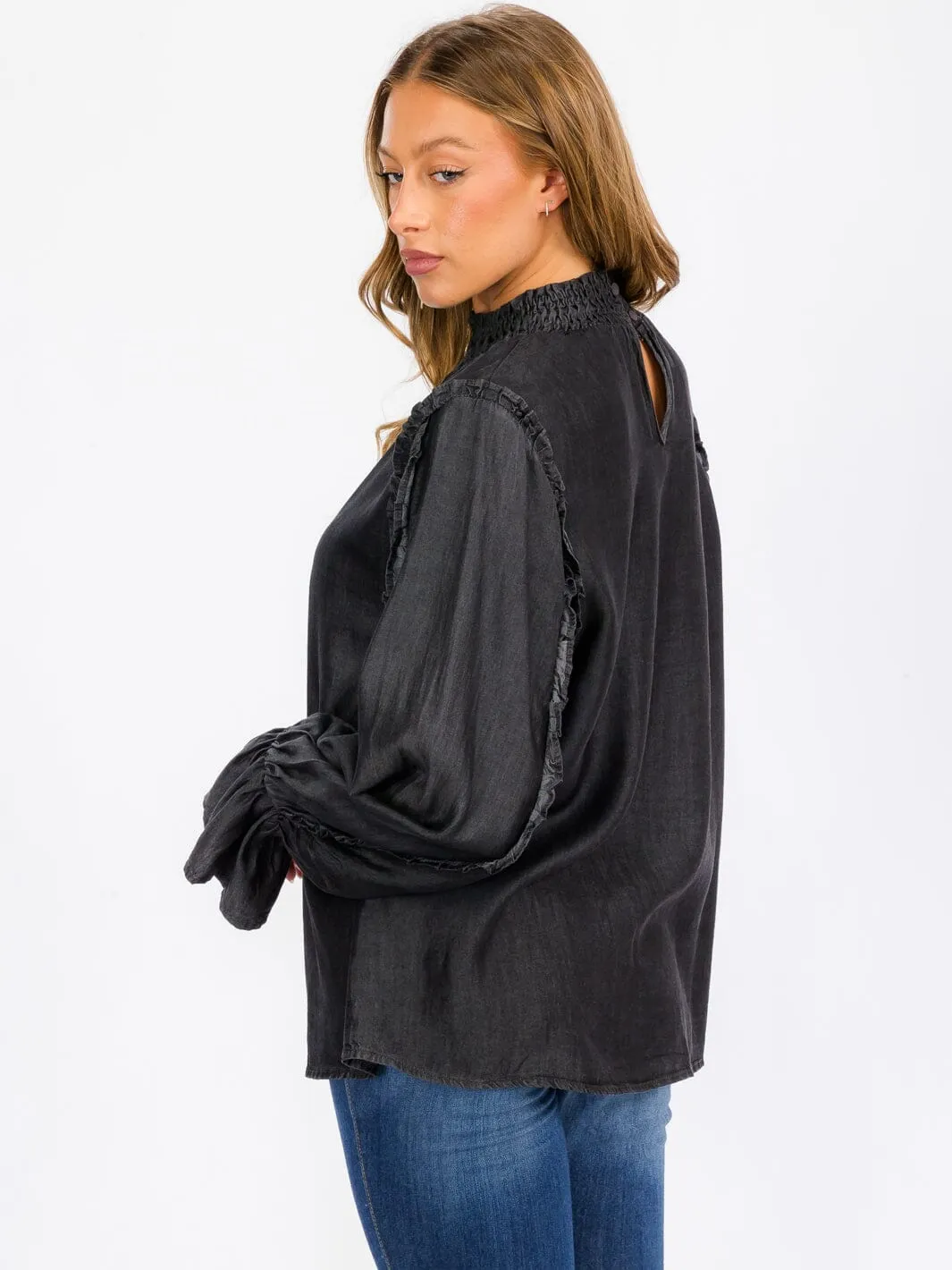 WOMEN'S LONG SLEEVE MOCK NECK CHAMBRAY BLOUSE TOP