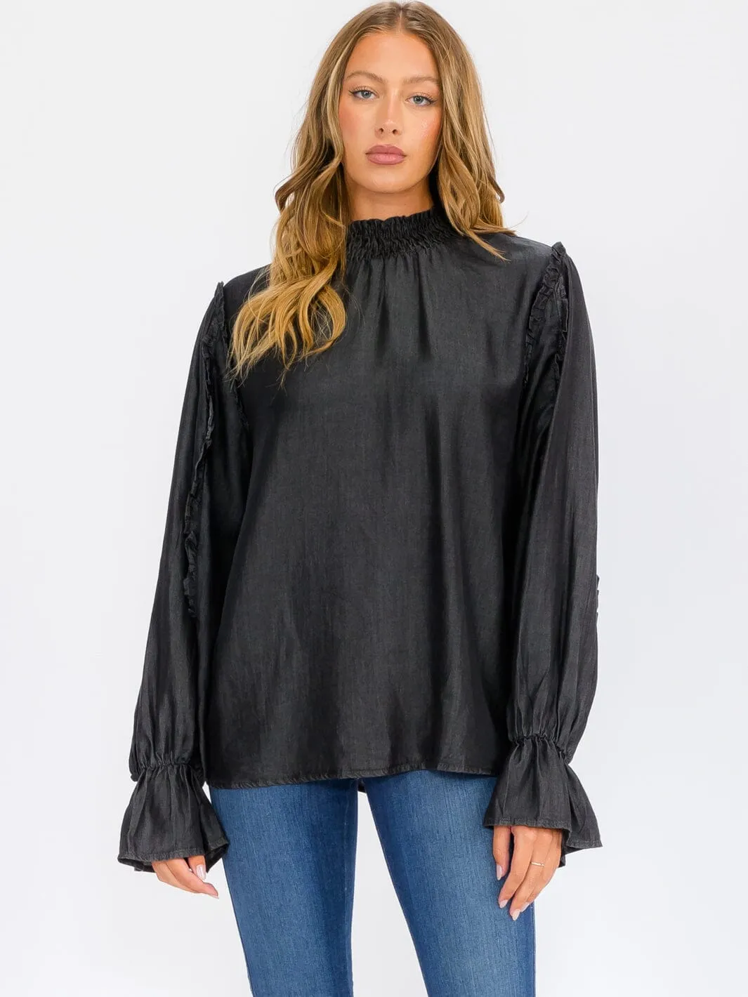 WOMEN'S LONG SLEEVE MOCK NECK CHAMBRAY BLOUSE TOP