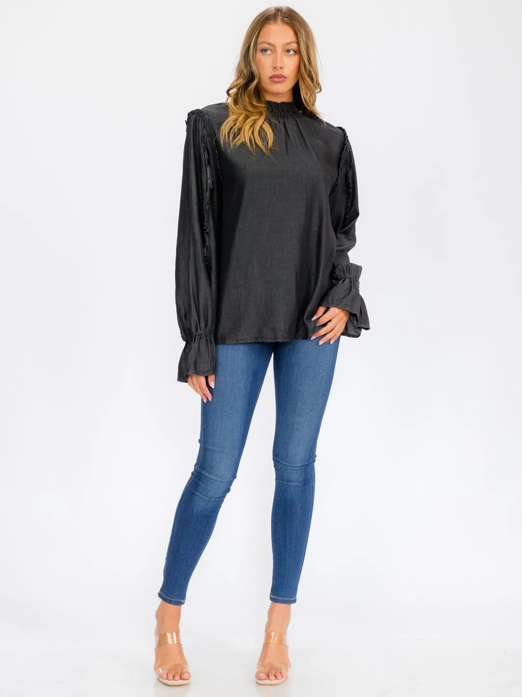 WOMEN'S LONG SLEEVE MOCK NECK CHAMBRAY BLOUSE TOP
