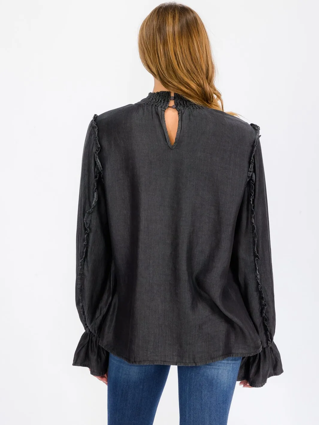 WOMEN'S LONG SLEEVE MOCK NECK CHAMBRAY BLOUSE TOP