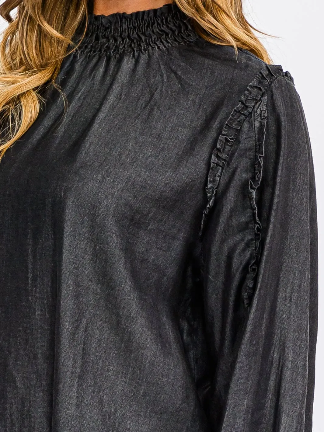 WOMEN'S LONG SLEEVE MOCK NECK CHAMBRAY BLOUSE TOP