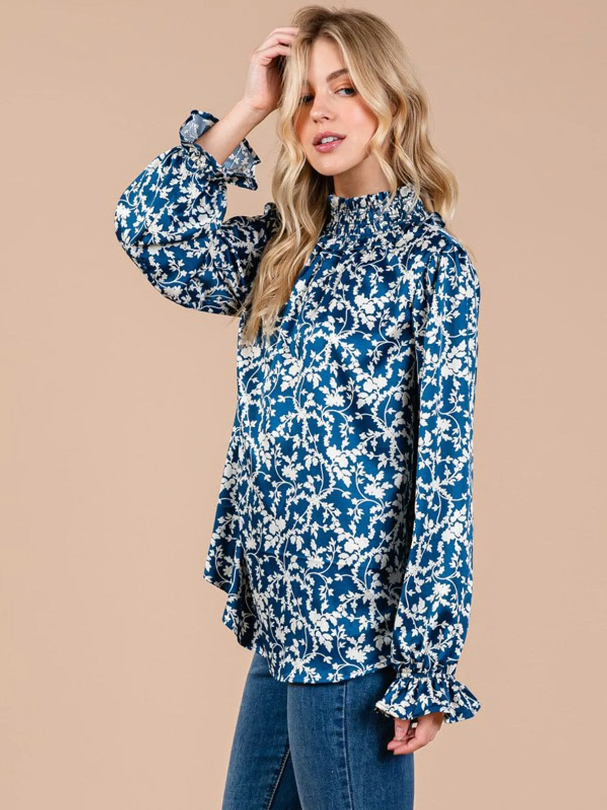 WOMEN'S LONG SLEEVE MOCK NECK FLORAL PRINT BLOUSE