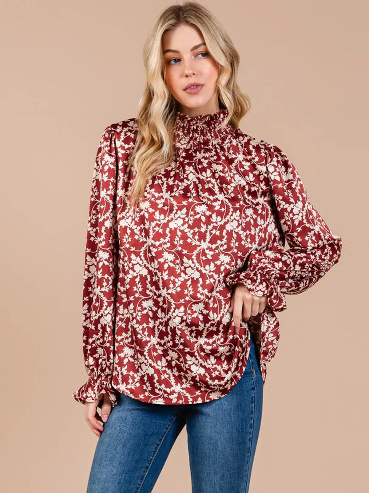 WOMEN'S LONG SLEEVE MOCK NECK FLORAL PRINT BLOUSE