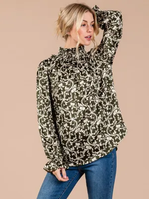 WOMEN'S LONG SLEEVE MOCK NECK FLORAL PRINT BLOUSE