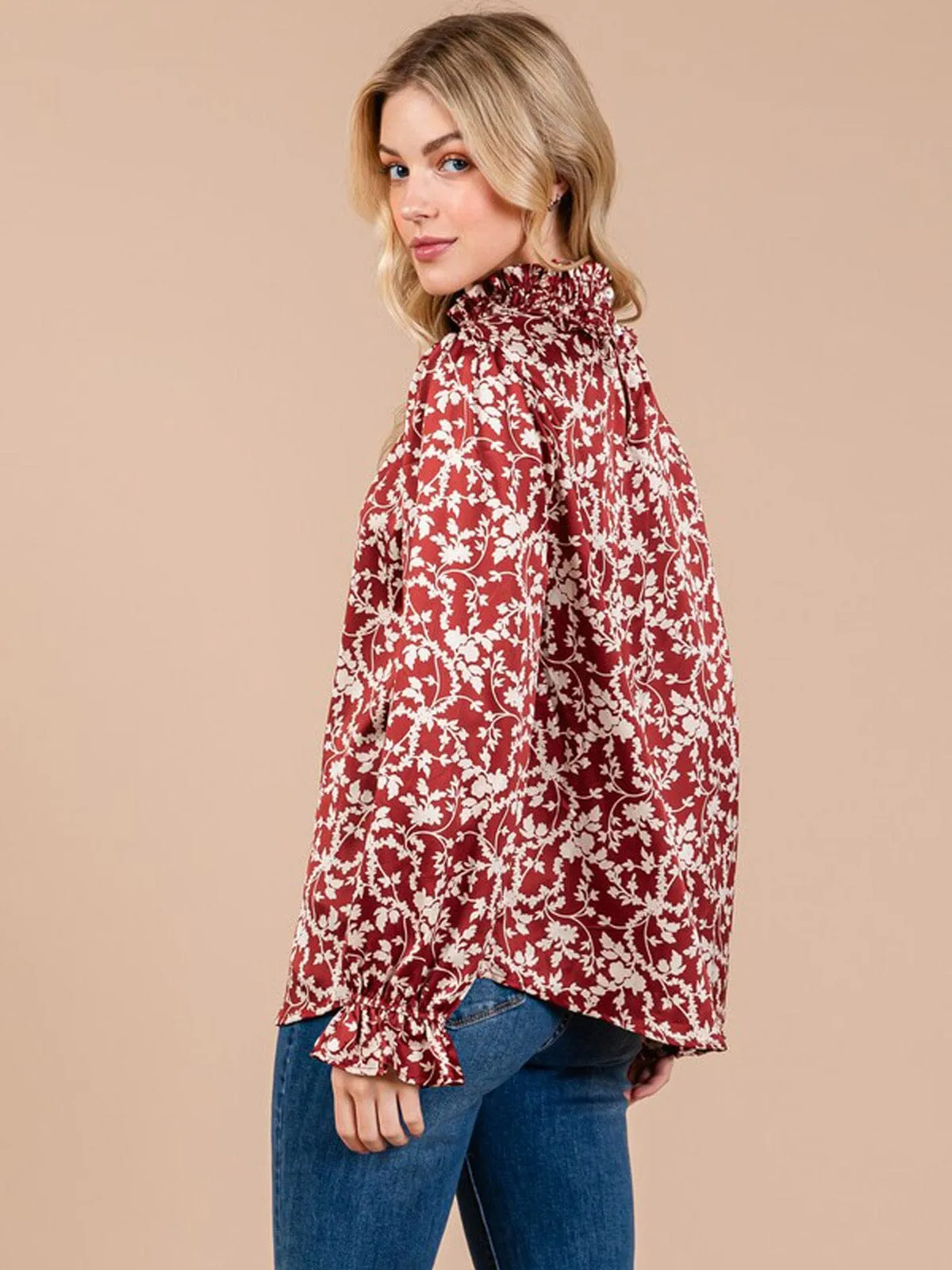 WOMEN'S LONG SLEEVE MOCK NECK FLORAL PRINT BLOUSE
