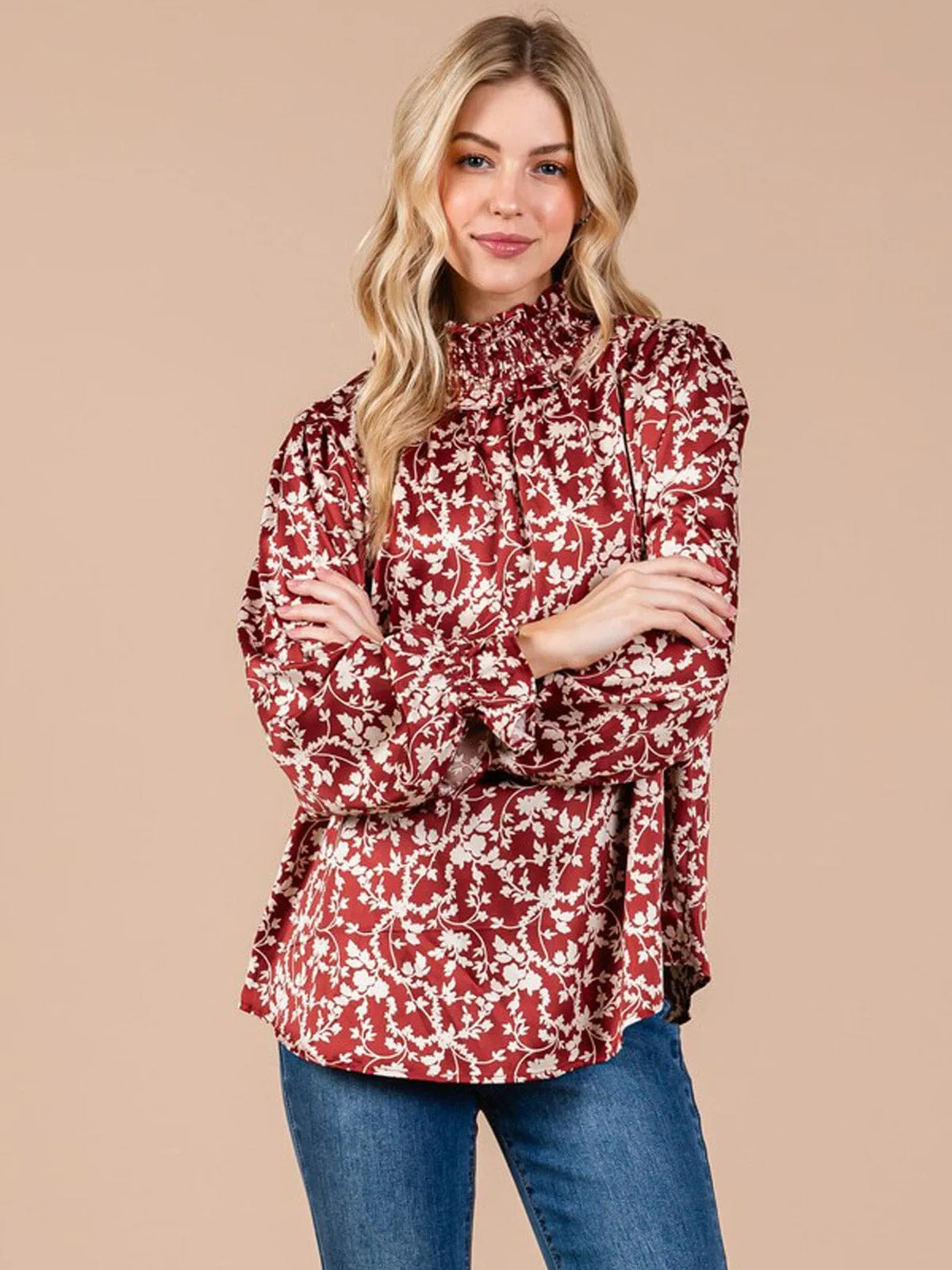 WOMEN'S LONG SLEEVE MOCK NECK FLORAL PRINT BLOUSE