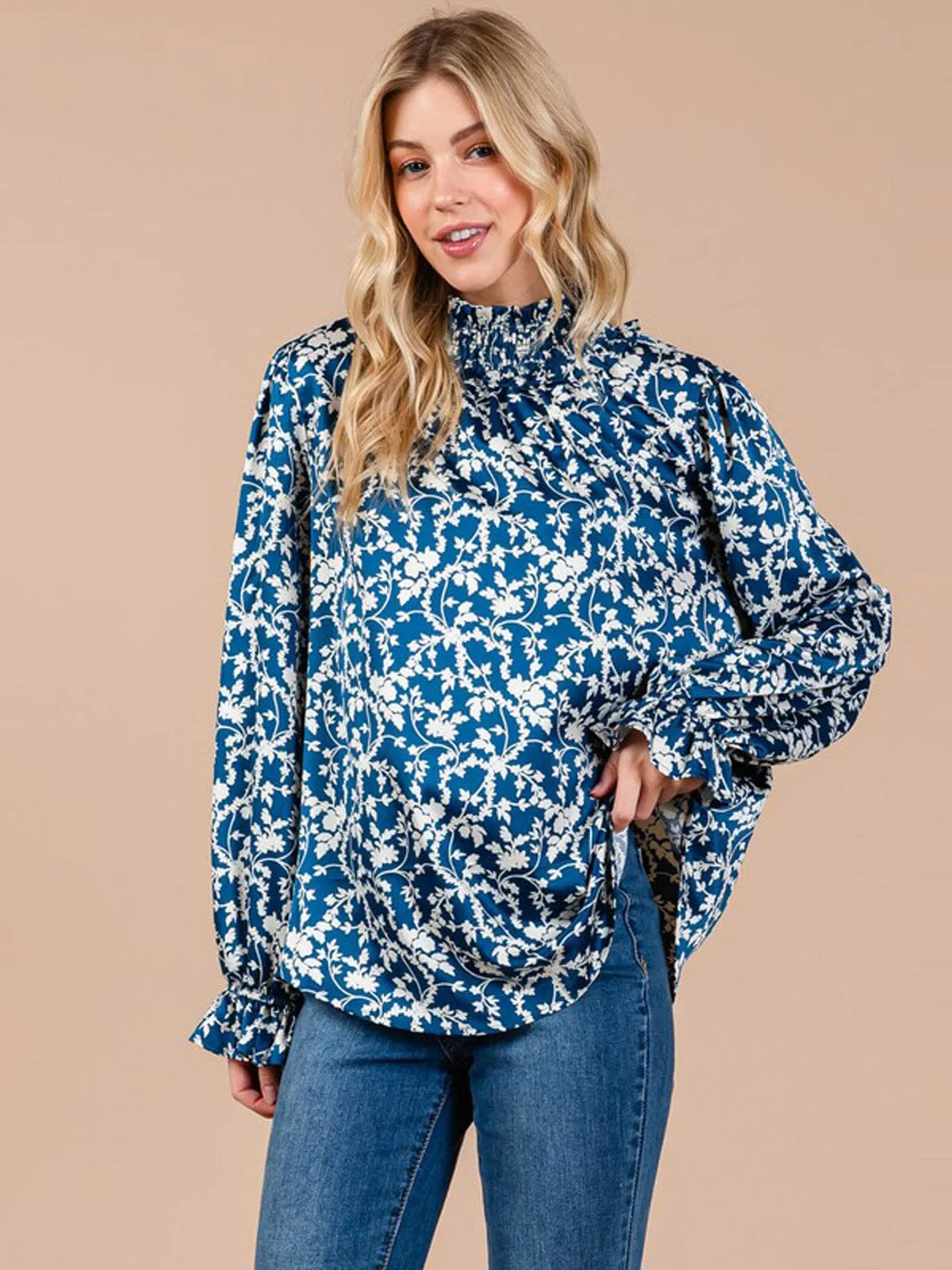 WOMEN'S LONG SLEEVE MOCK NECK FLORAL PRINT BLOUSE