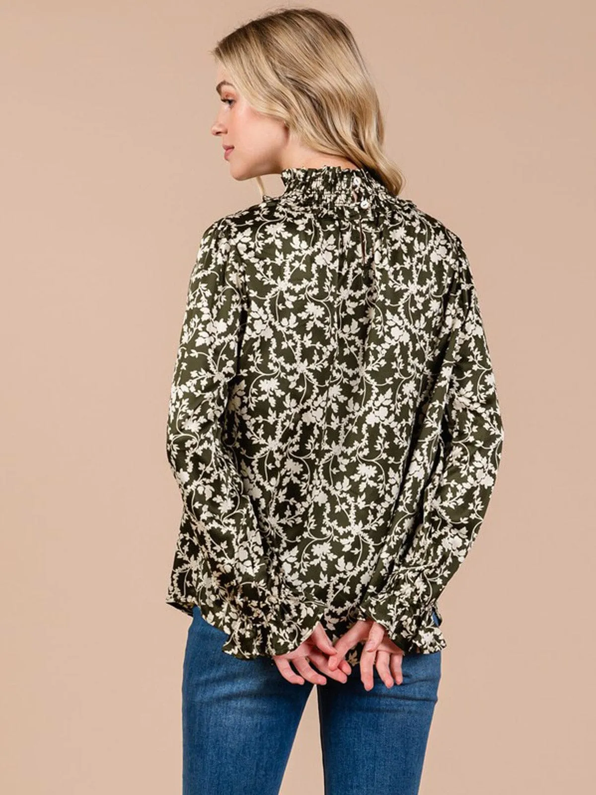 WOMEN'S LONG SLEEVE MOCK NECK FLORAL PRINT BLOUSE