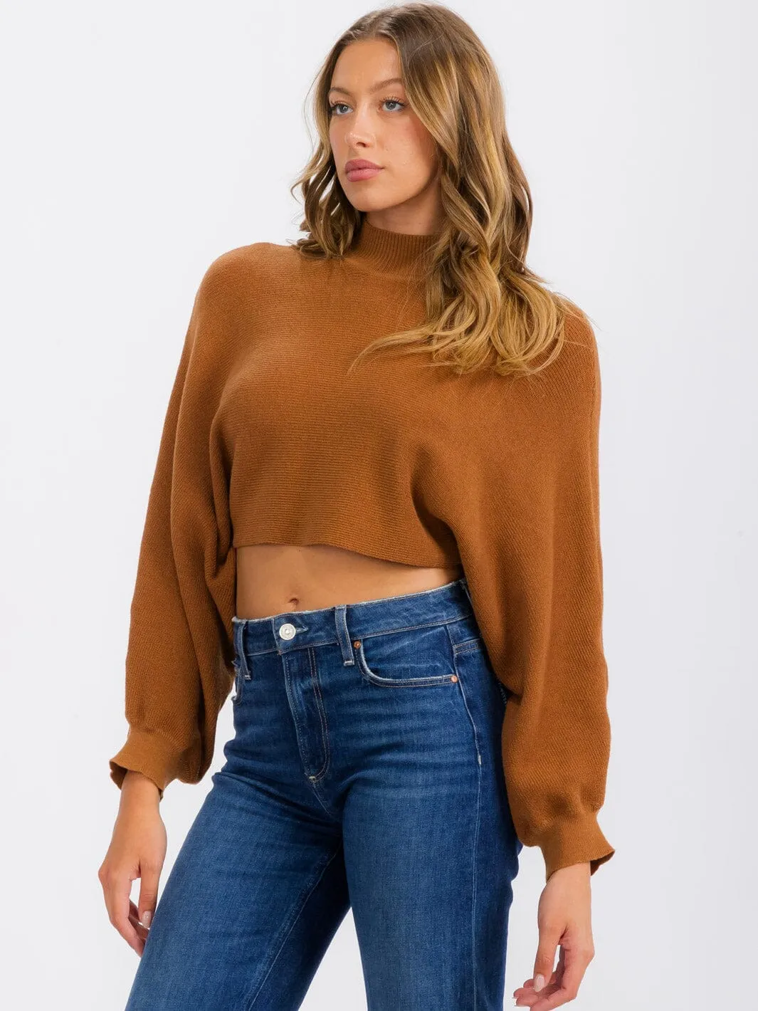 WOMEN'S LONG SLEEVE MOCK NECK KNIT CROP TOP