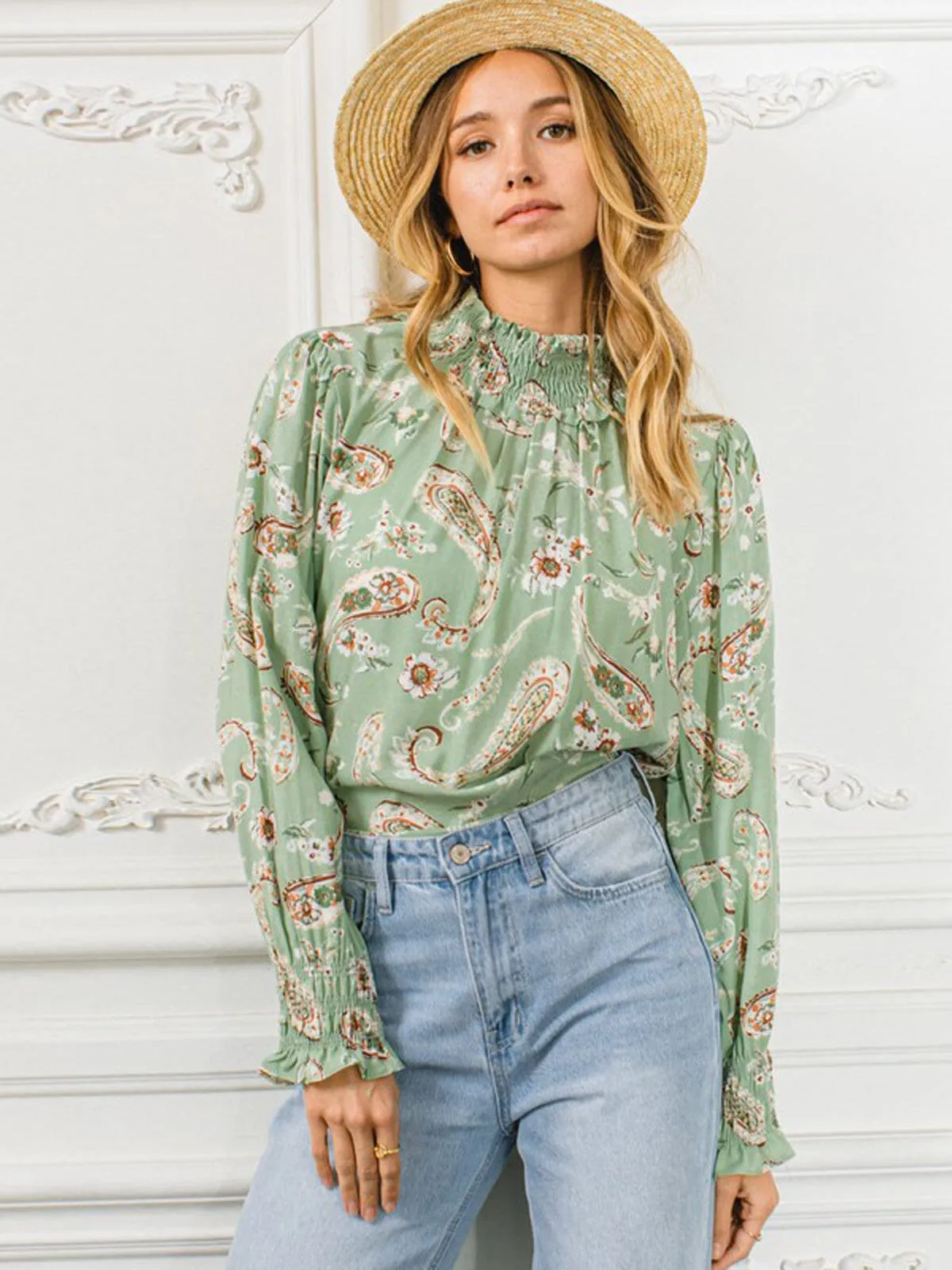 WOMEN'S LONG SLEEVE MOCK NECK MULTI PRINT TOP
