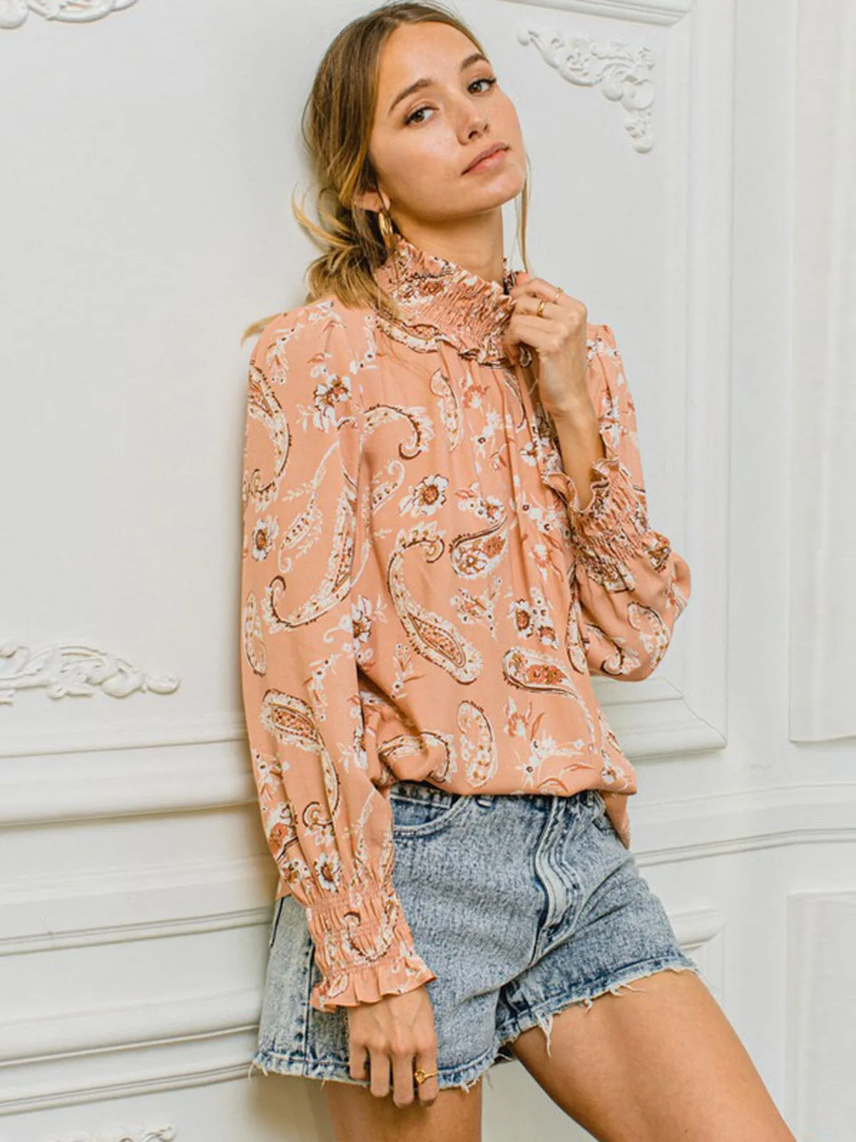 WOMEN'S LONG SLEEVE MOCK NECK MULTI PRINT TOP