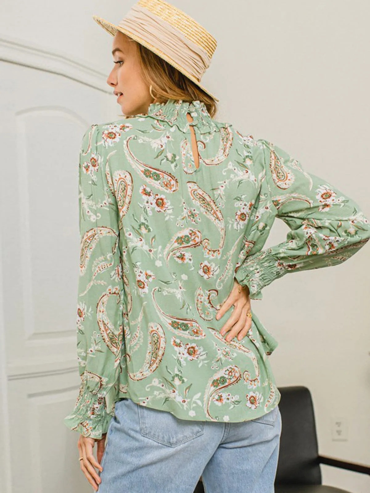 WOMEN'S LONG SLEEVE MOCK NECK MULTI PRINT TOP