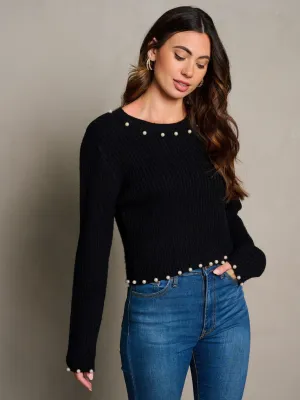 WOMEN'S LONG SLEEVE RIBBED PEARL TRIM BLOUSE TOP