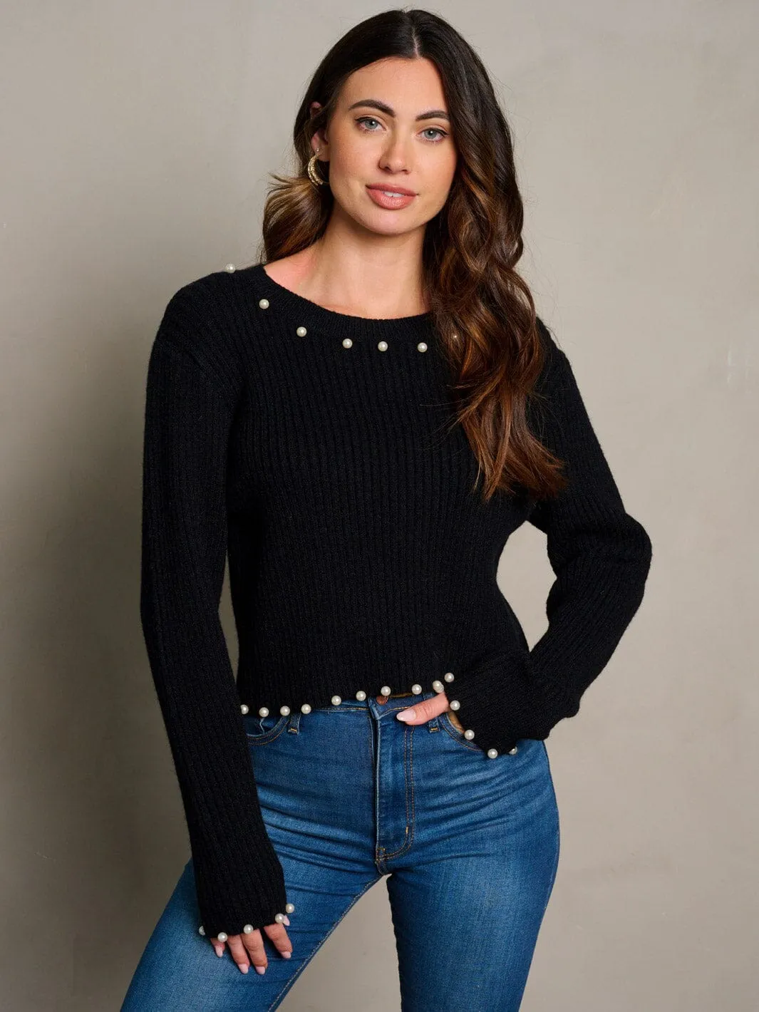 WOMEN'S LONG SLEEVE RIBBED PEARL TRIM BLOUSE TOP