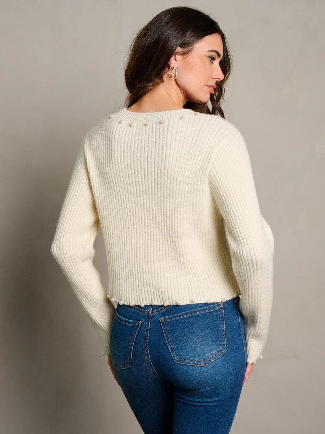 WOMEN'S LONG SLEEVE RIBBED PEARL TRIM BLOUSE TOP