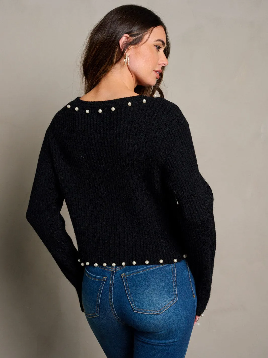 WOMEN'S LONG SLEEVE RIBBED PEARL TRIM BLOUSE TOP