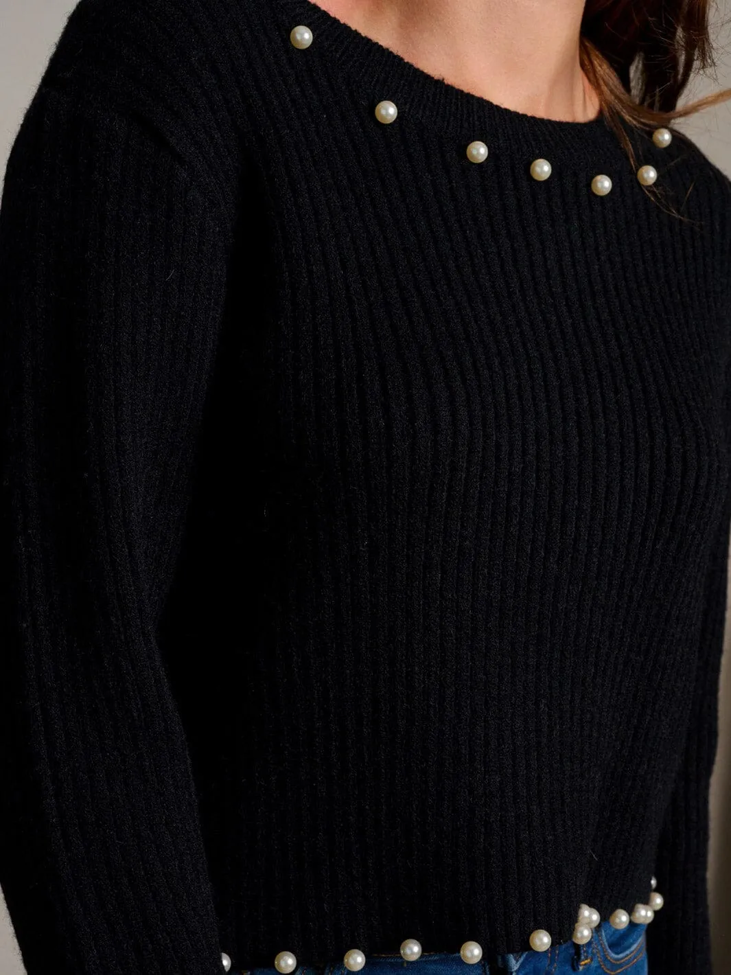 WOMEN'S LONG SLEEVE RIBBED PEARL TRIM BLOUSE TOP