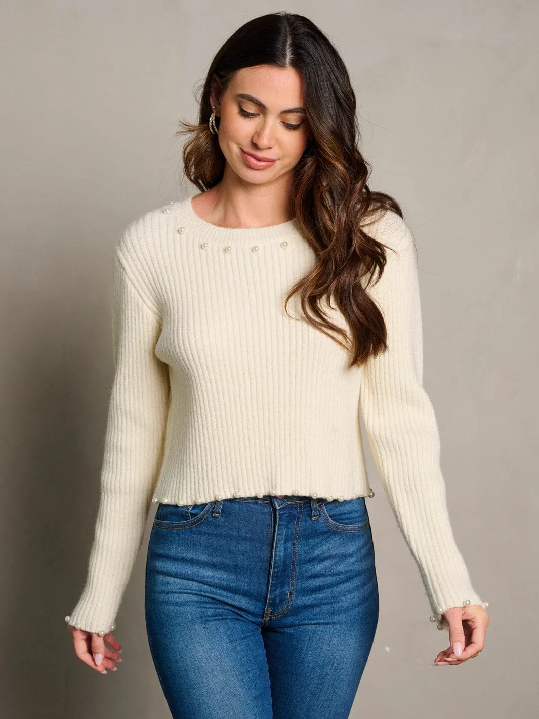 WOMEN'S LONG SLEEVE RIBBED PEARL TRIM BLOUSE TOP