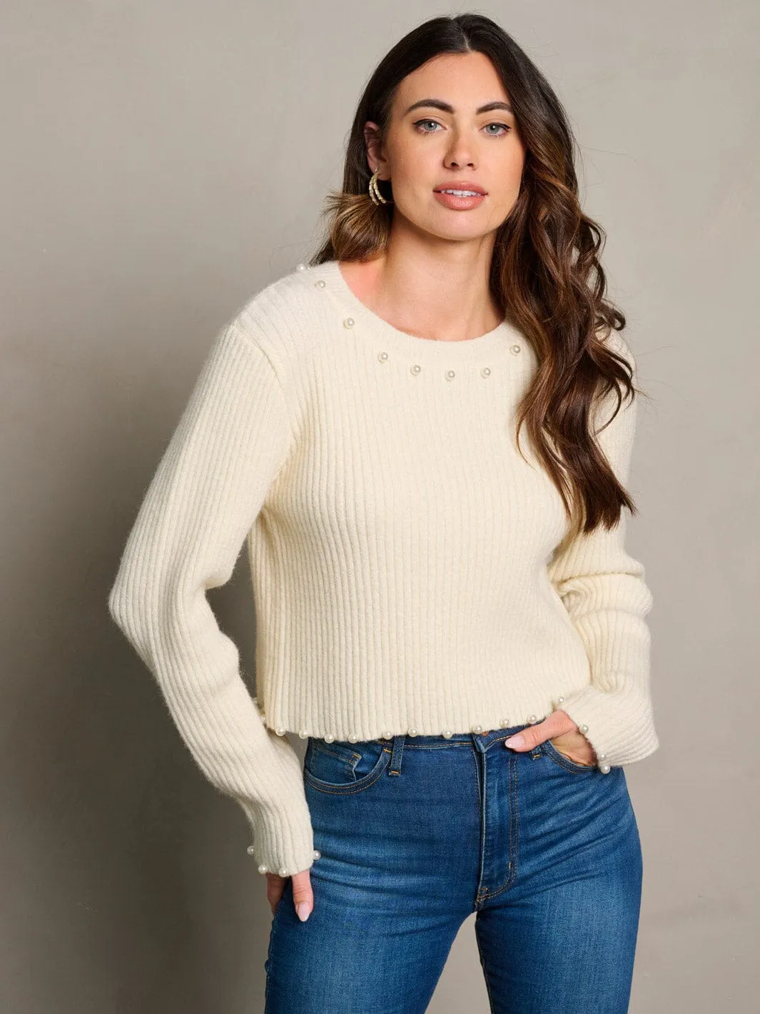 WOMEN'S LONG SLEEVE RIBBED PEARL TRIM BLOUSE TOP