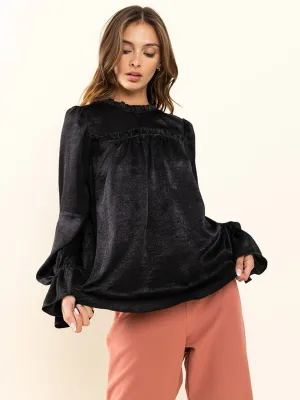 WOMEN'S LONG SLEEVE RUFFLE SOLID BLOUSE TOP