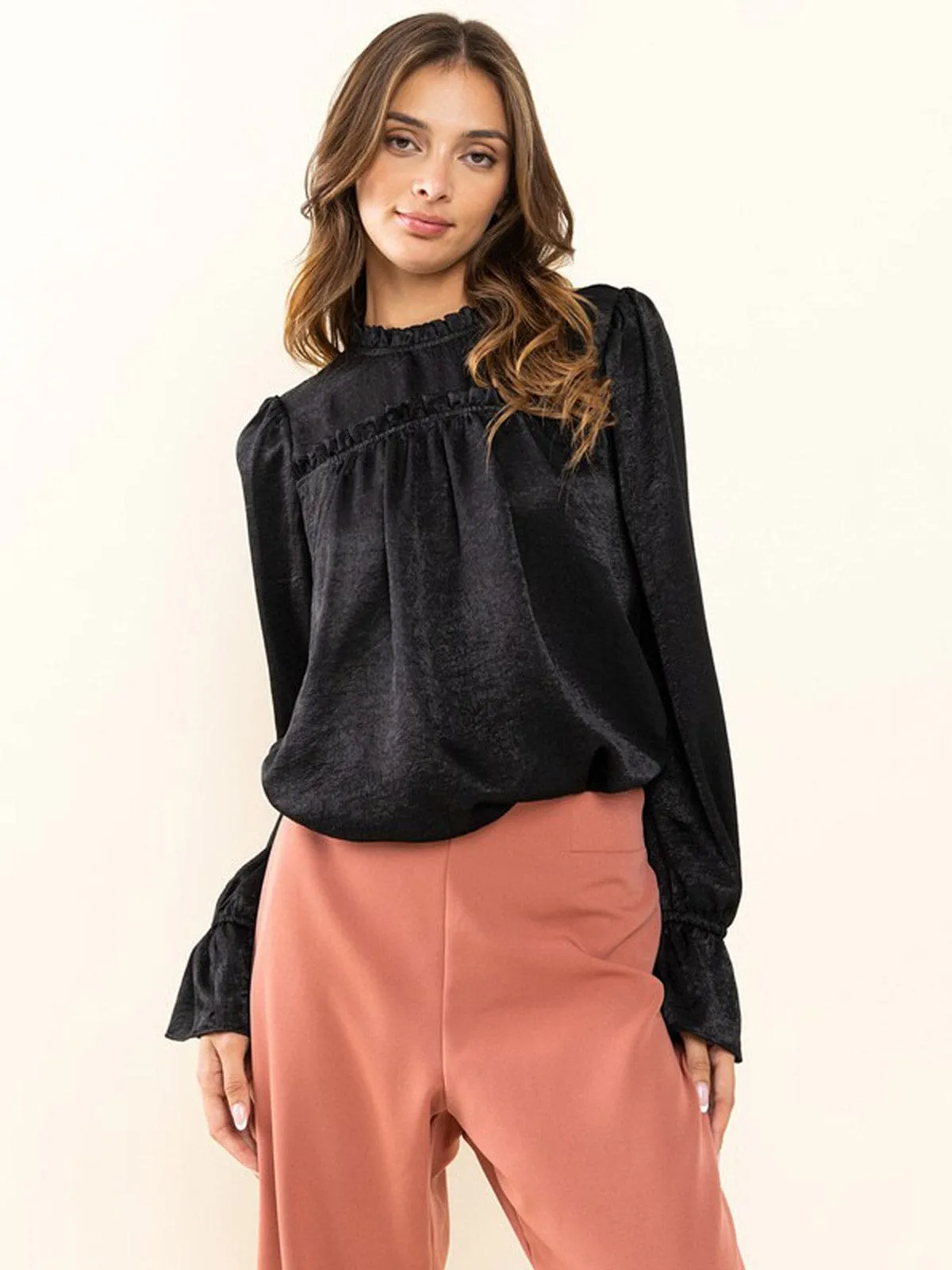 WOMEN'S LONG SLEEVE RUFFLE SOLID BLOUSE TOP