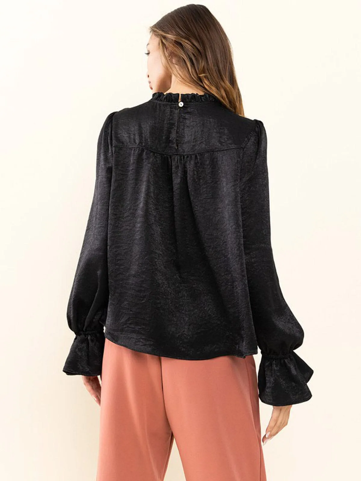 WOMEN'S LONG SLEEVE RUFFLE SOLID BLOUSE TOP