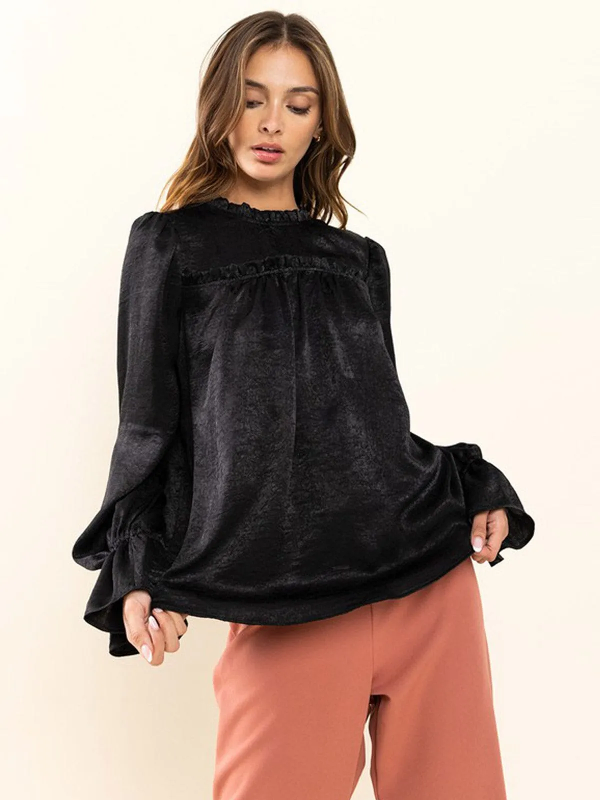 WOMEN'S LONG SLEEVE RUFFLE SOLID BLOUSE TOP
