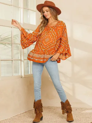WOMEN'S LONG SLEEVE RUFFLE TUNIC MULTI PRINT TOP