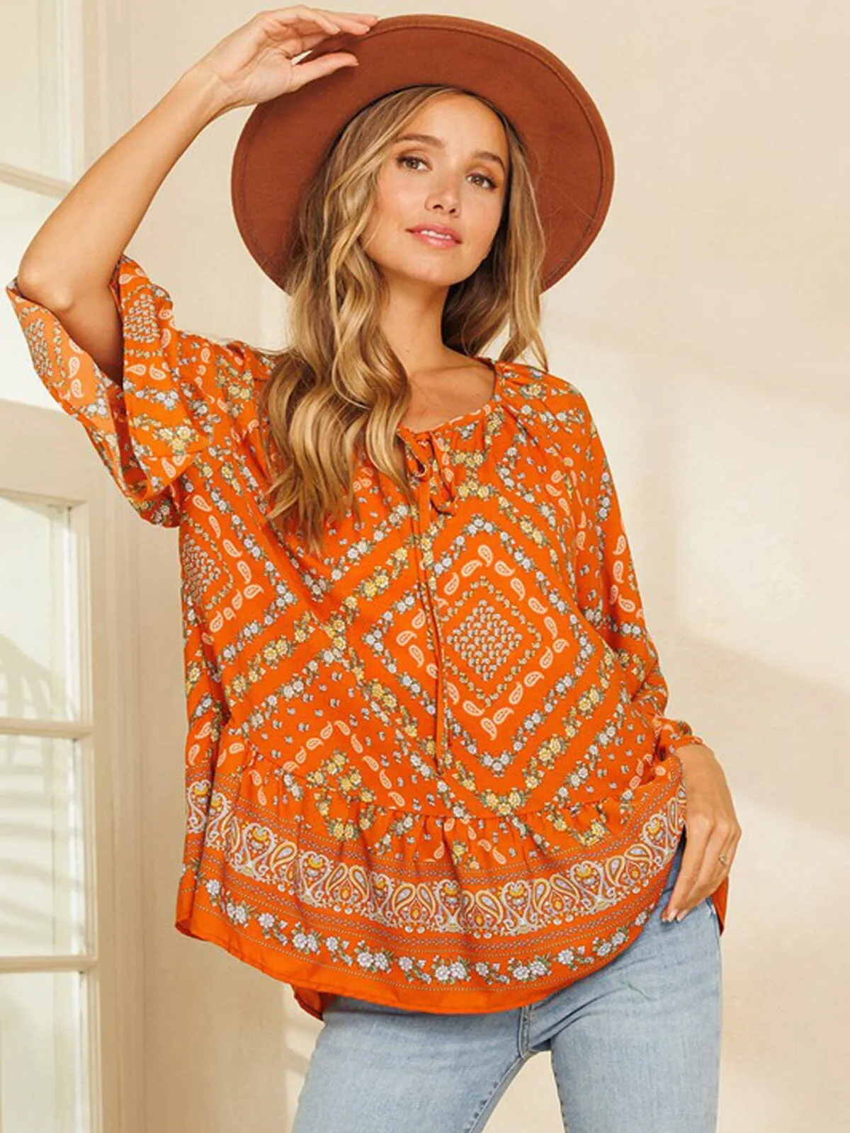 WOMEN'S LONG SLEEVE RUFFLE TUNIC MULTI PRINT TOP