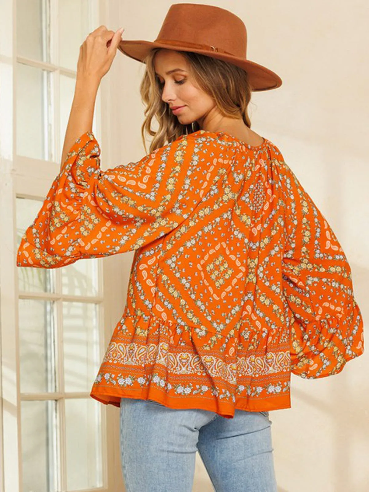 WOMEN'S LONG SLEEVE RUFFLE TUNIC MULTI PRINT TOP