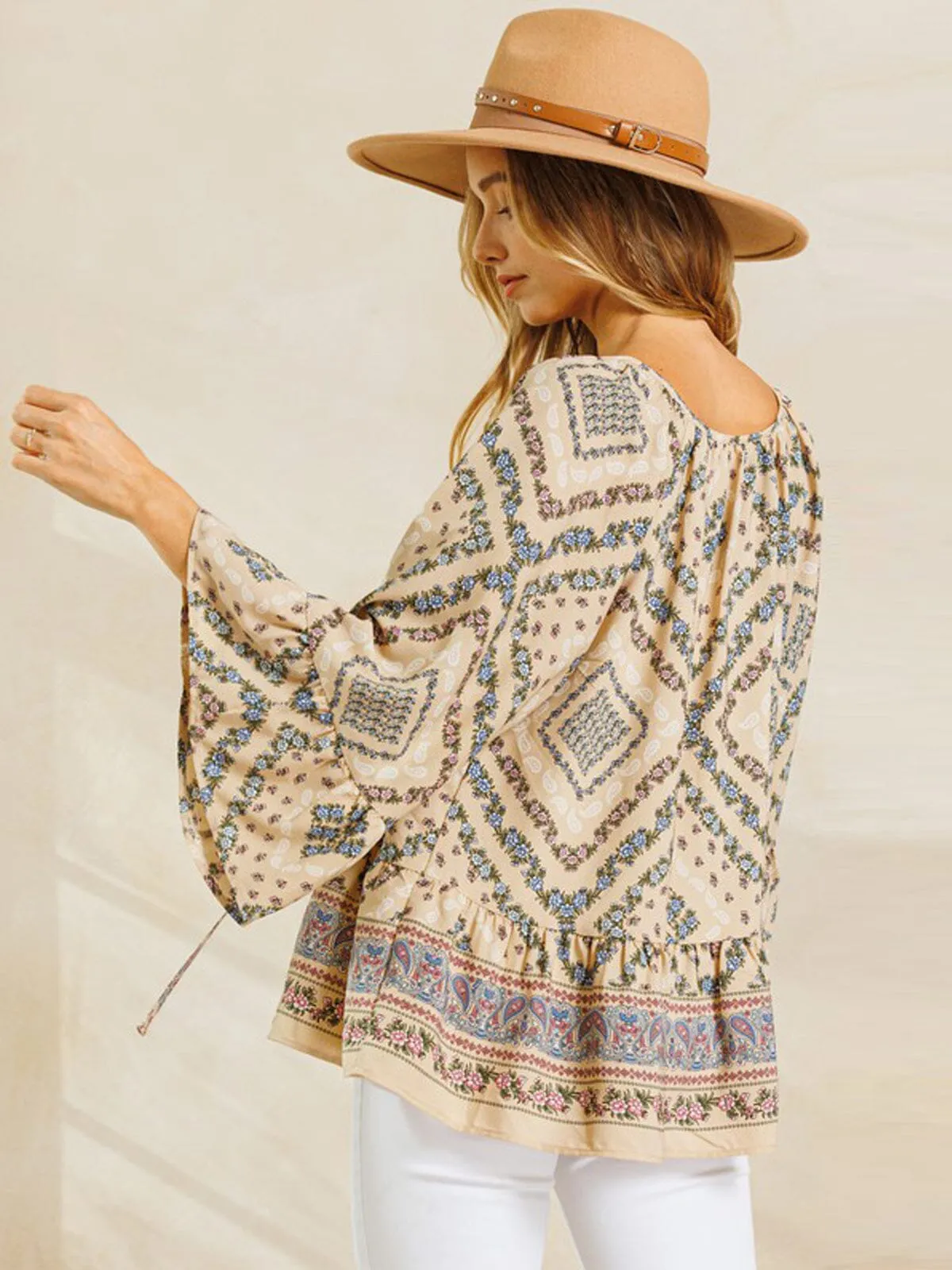 WOMEN'S LONG SLEEVE RUFFLE TUNIC MULTI PRINT TOP