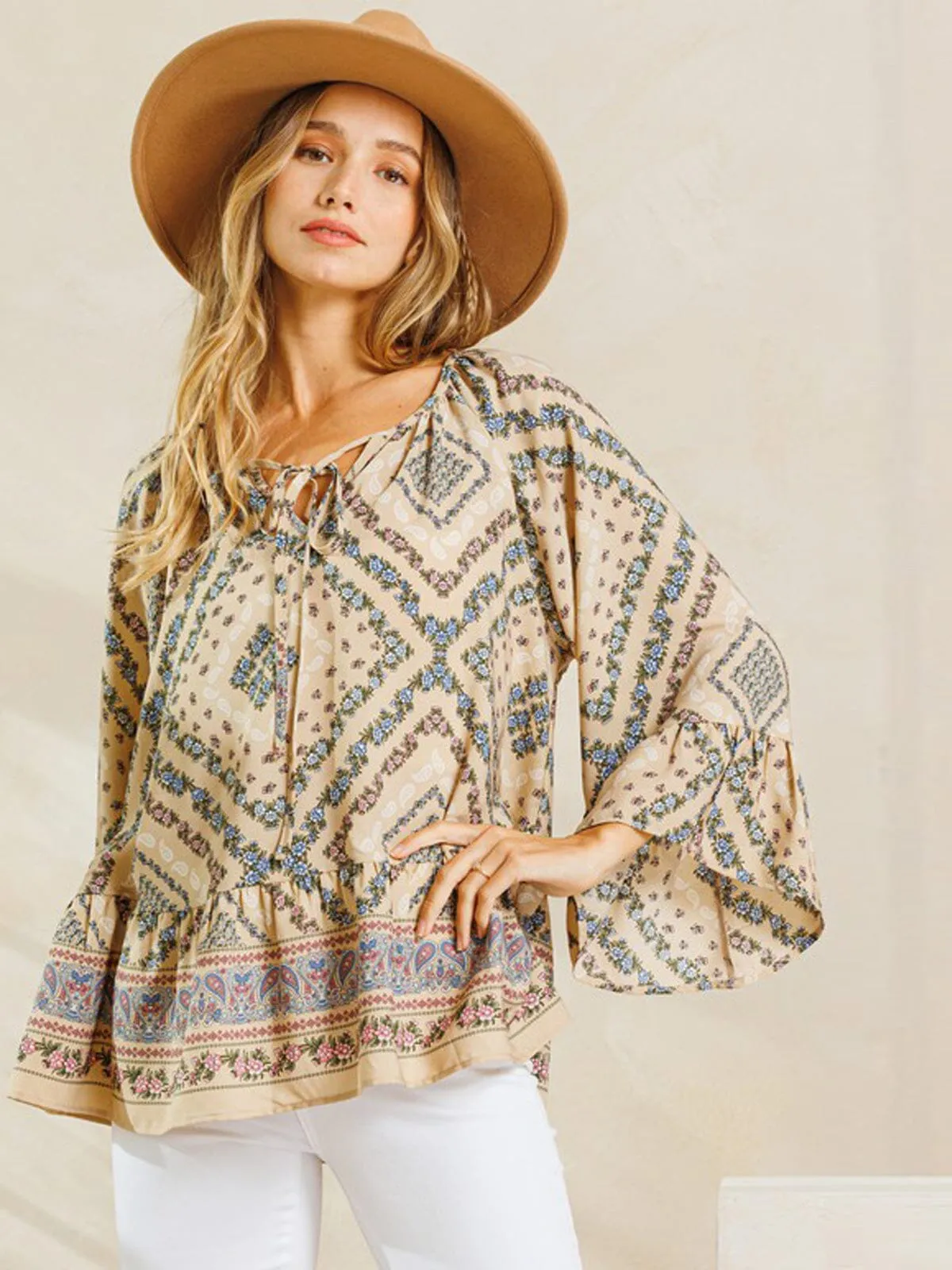 WOMEN'S LONG SLEEVE RUFFLE TUNIC MULTI PRINT TOP