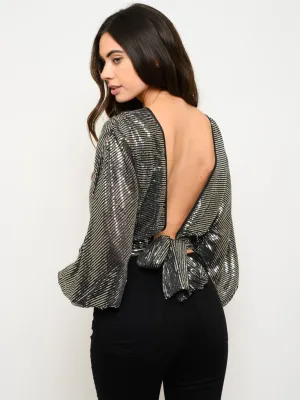 WOMEN'S LONG SLEEVE SELF TIE SEQUINS TOP