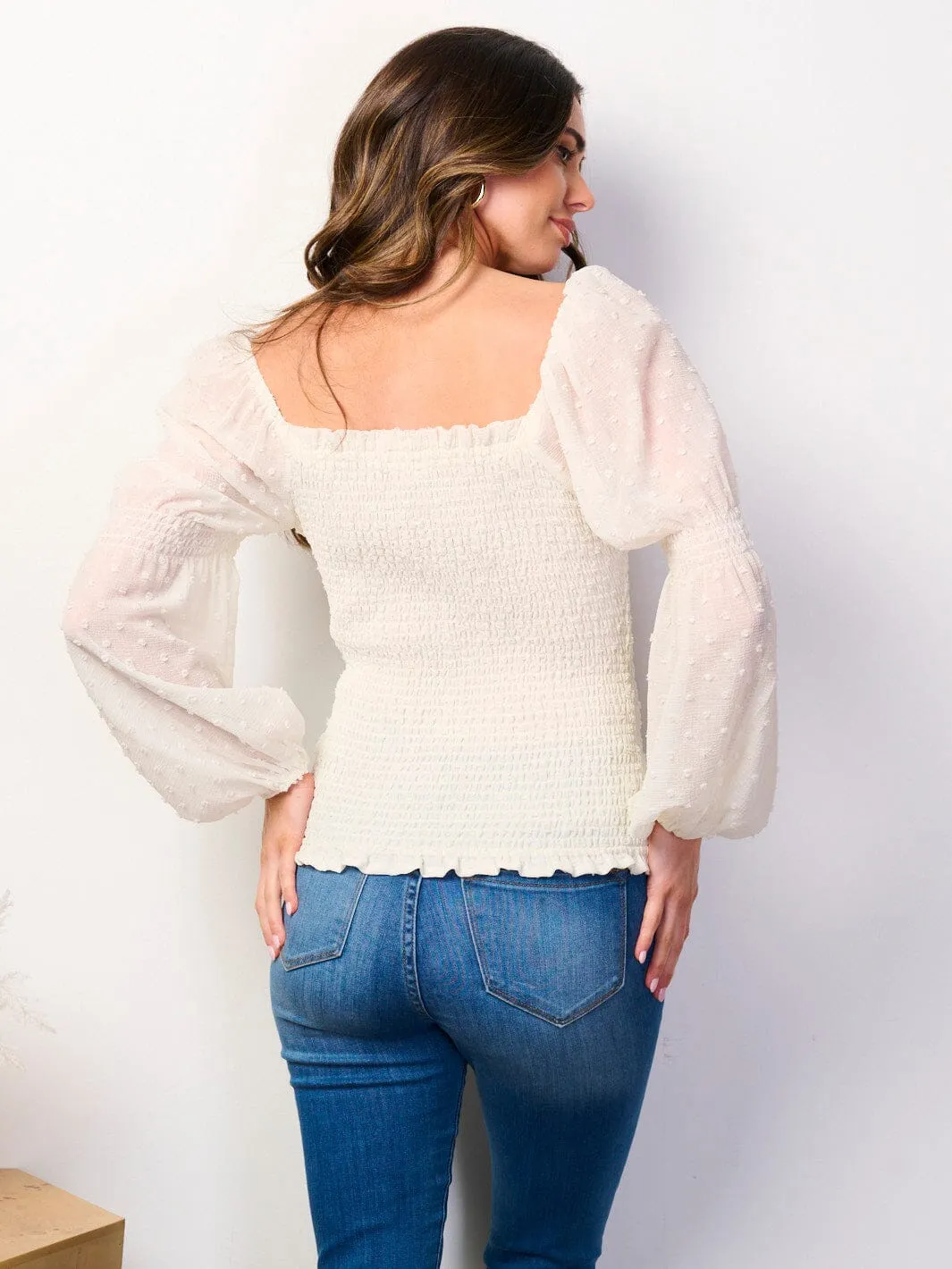 WOMEN'S LONG SLEEVE SMOCK SWISS DETAILED BLOUSE TOP