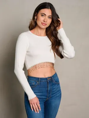 WOMEN'S LONG SLEEVE STUDS FRINGE DETAILED CROP TOP