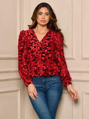 WOMEN'S LONG SLEEVE SURPLICE LEAF DETAILED BLOUSE TOP