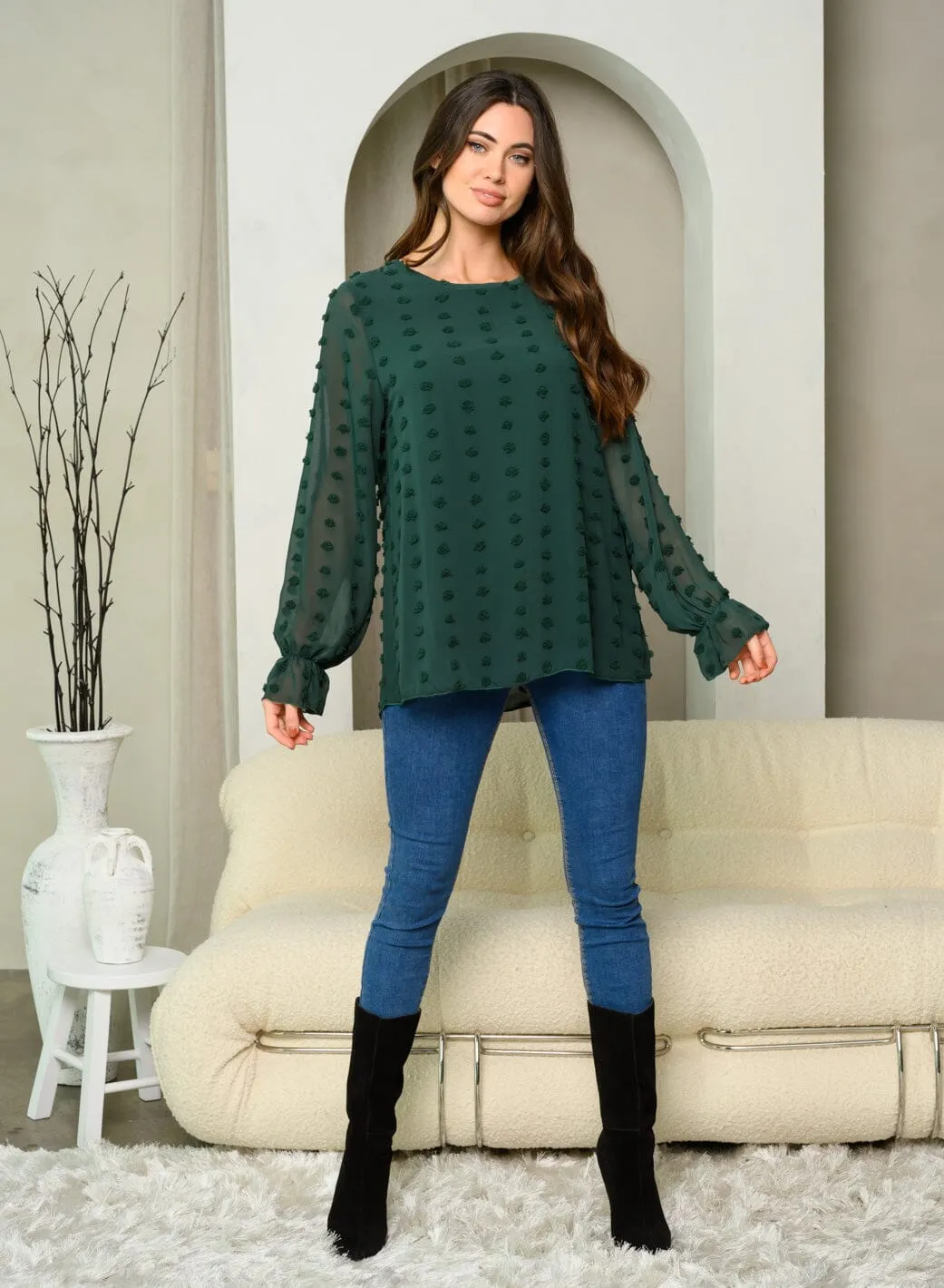WOMEN'S LONG SLEEVE SWISS DOT DETAILED TOP