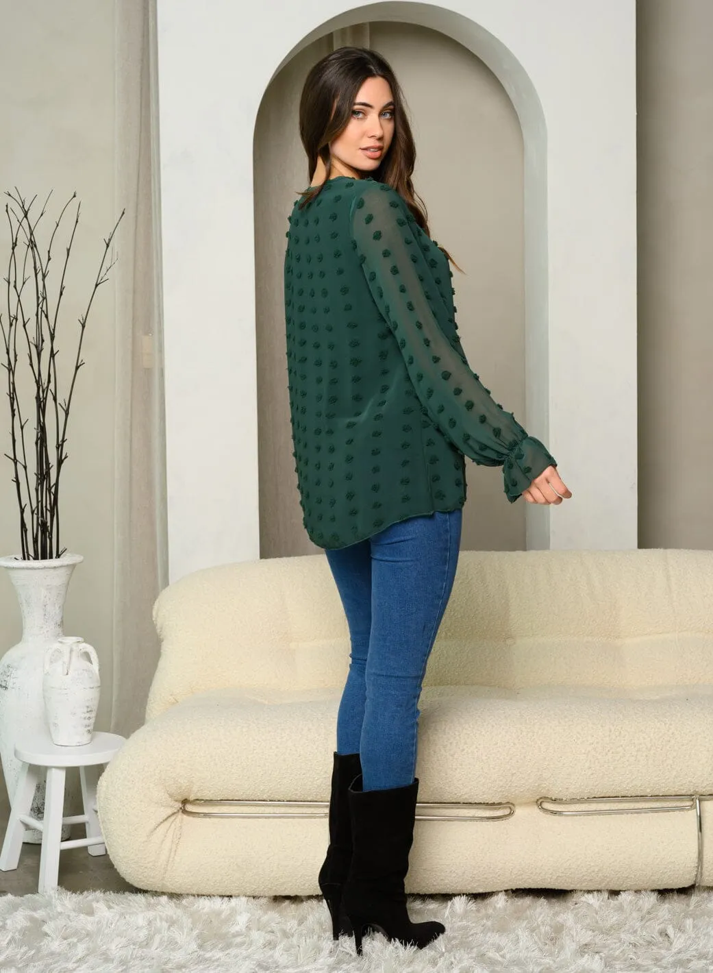 WOMEN'S LONG SLEEVE SWISS DOT DETAILED TOP