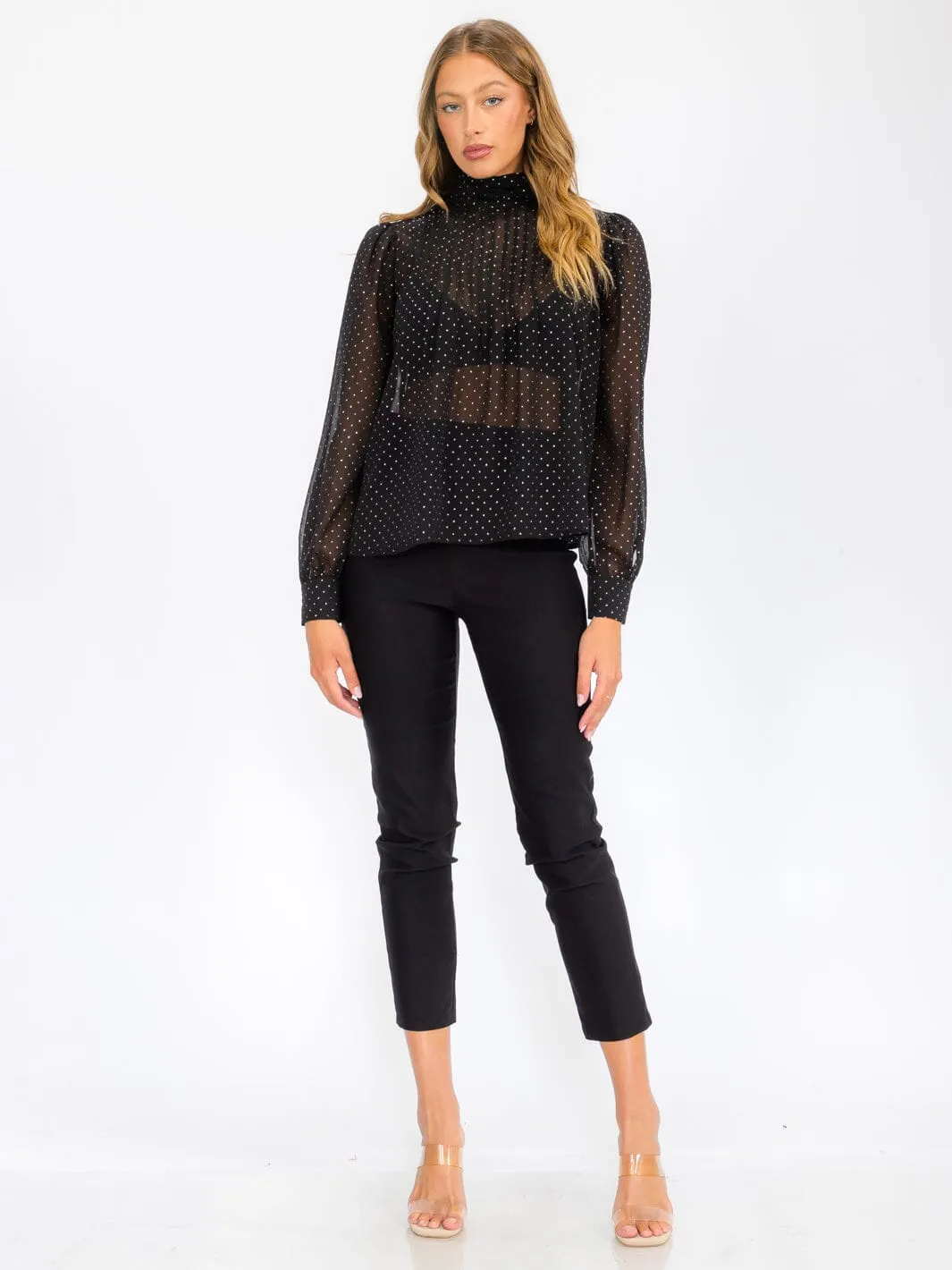 WOMEN'S LONG SLEEVE TURTLE NECK SHIMMER BLOUSE TOP