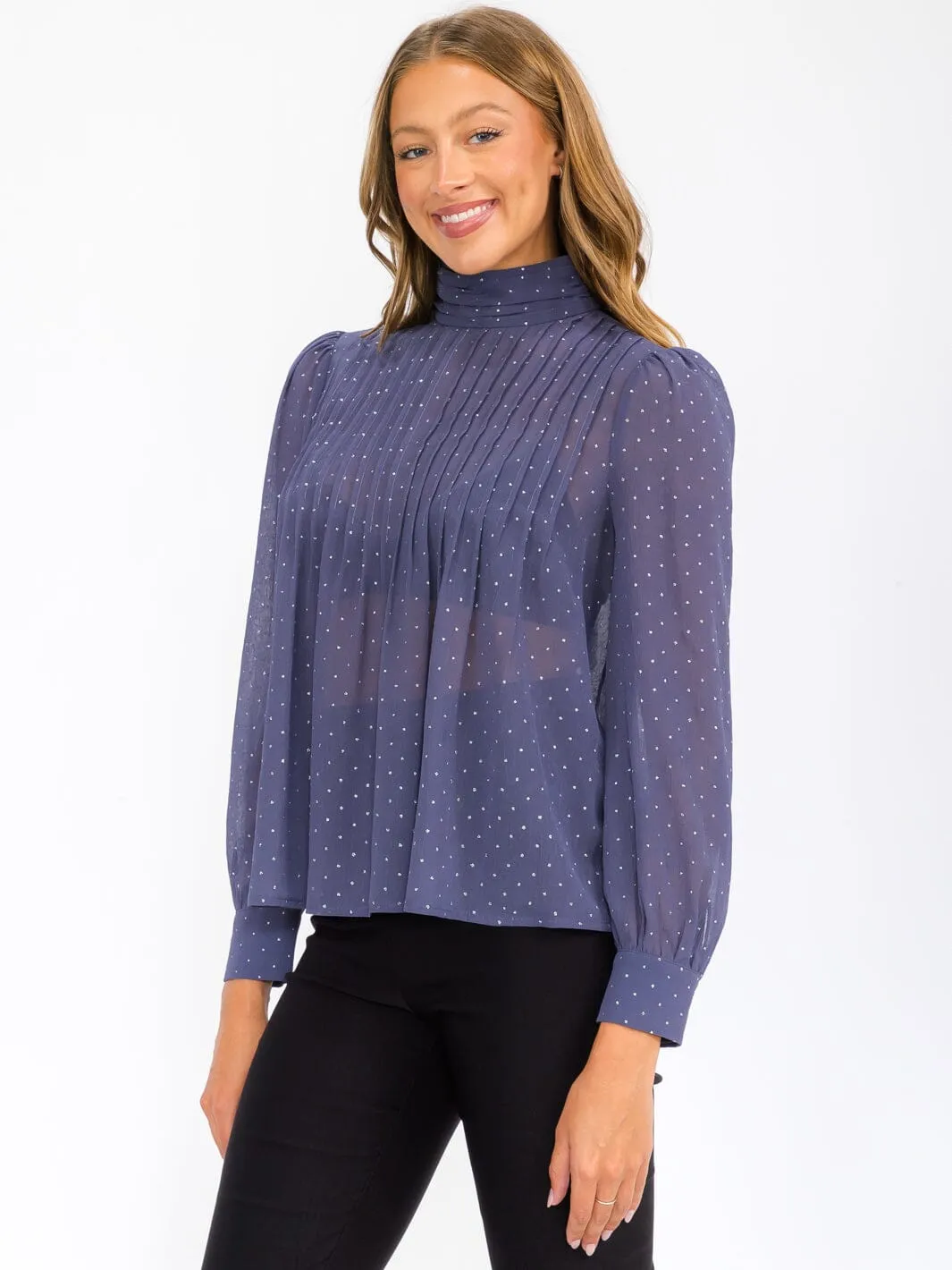 WOMEN'S LONG SLEEVE TURTLE NECK SHIMMER BLOUSE TOP