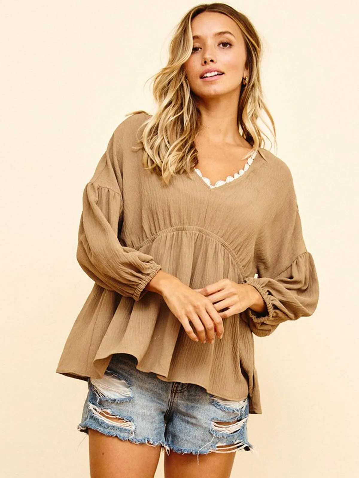 WOMEN'S LONG SLEEVE V-NECK BABYDOLL TOP