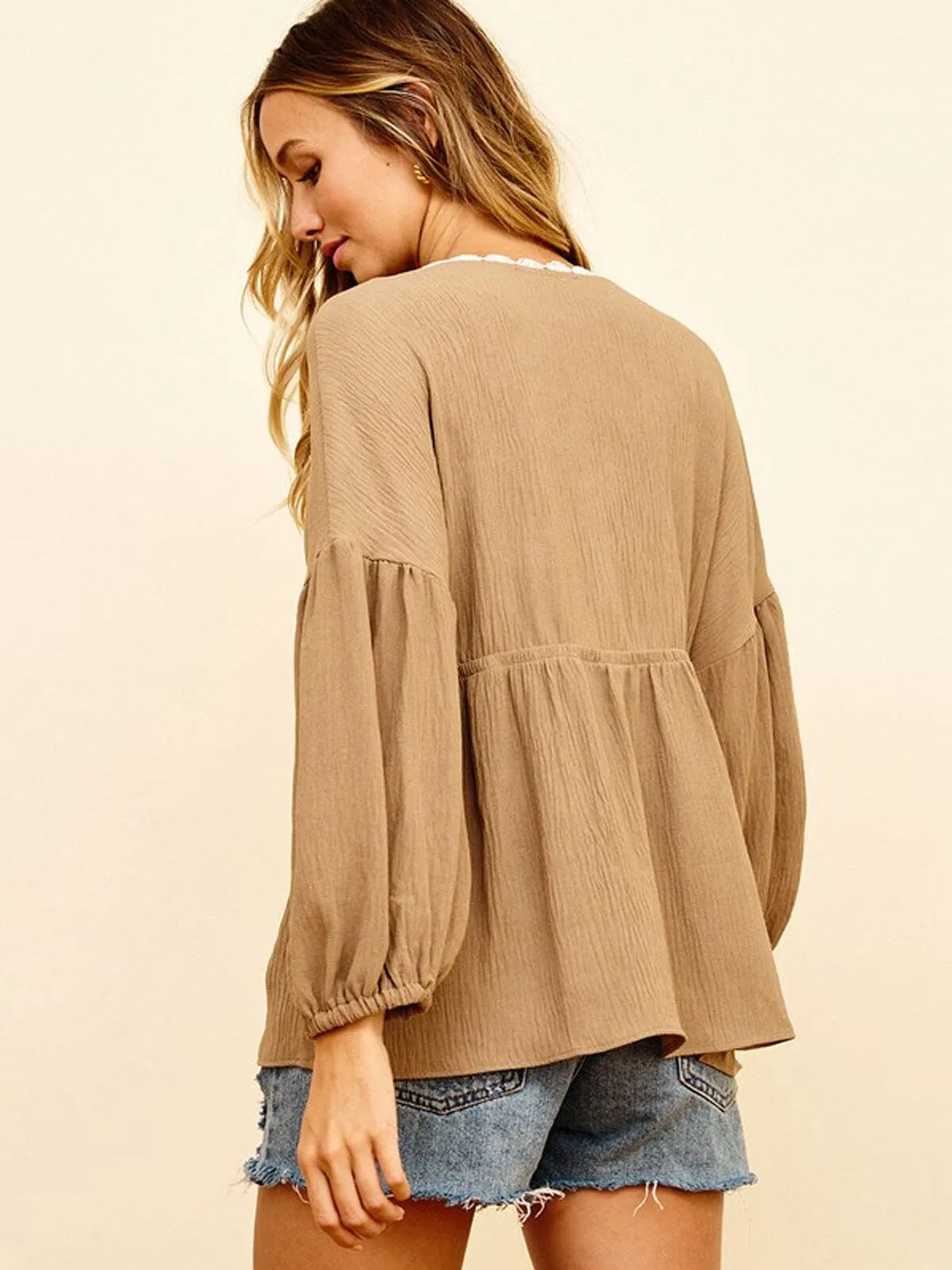 WOMEN'S LONG SLEEVE V-NECK BABYDOLL TOP
