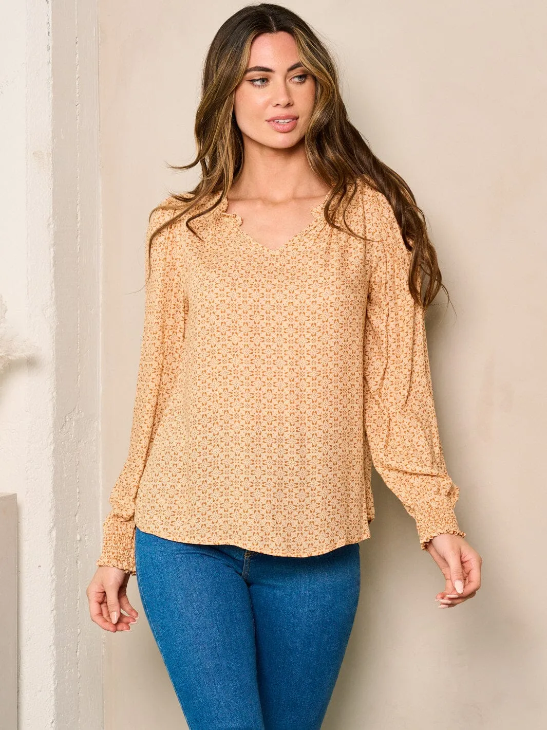 WOMEN'S LONG SLEEVE V-NECK FLORAL BLOUSE TOP