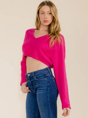 WOMEN'S LONG SLEEVE V-NECK KNIT CROP TOP