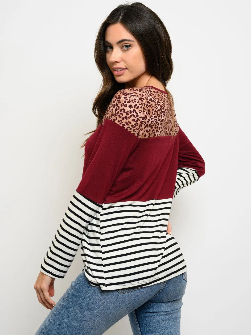 WOMEN'S LONG SLEEVES COLORBLOCK MULTI PRINT TOP