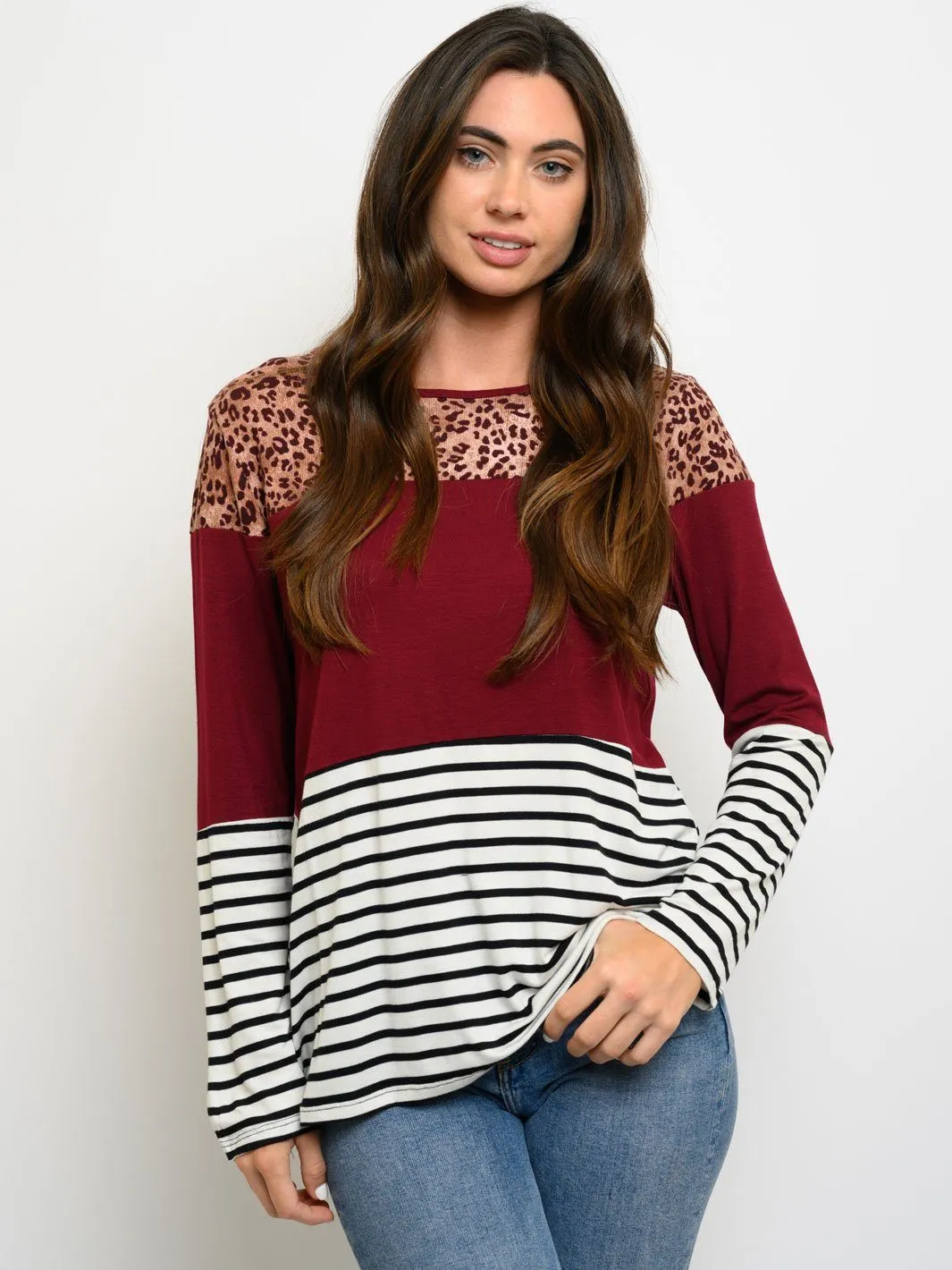 WOMEN'S LONG SLEEVES COLORBLOCK MULTI PRINT TOP