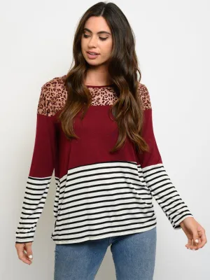 WOMEN'S LONG SLEEVES COLORBLOCK MULTI PRINT TOP